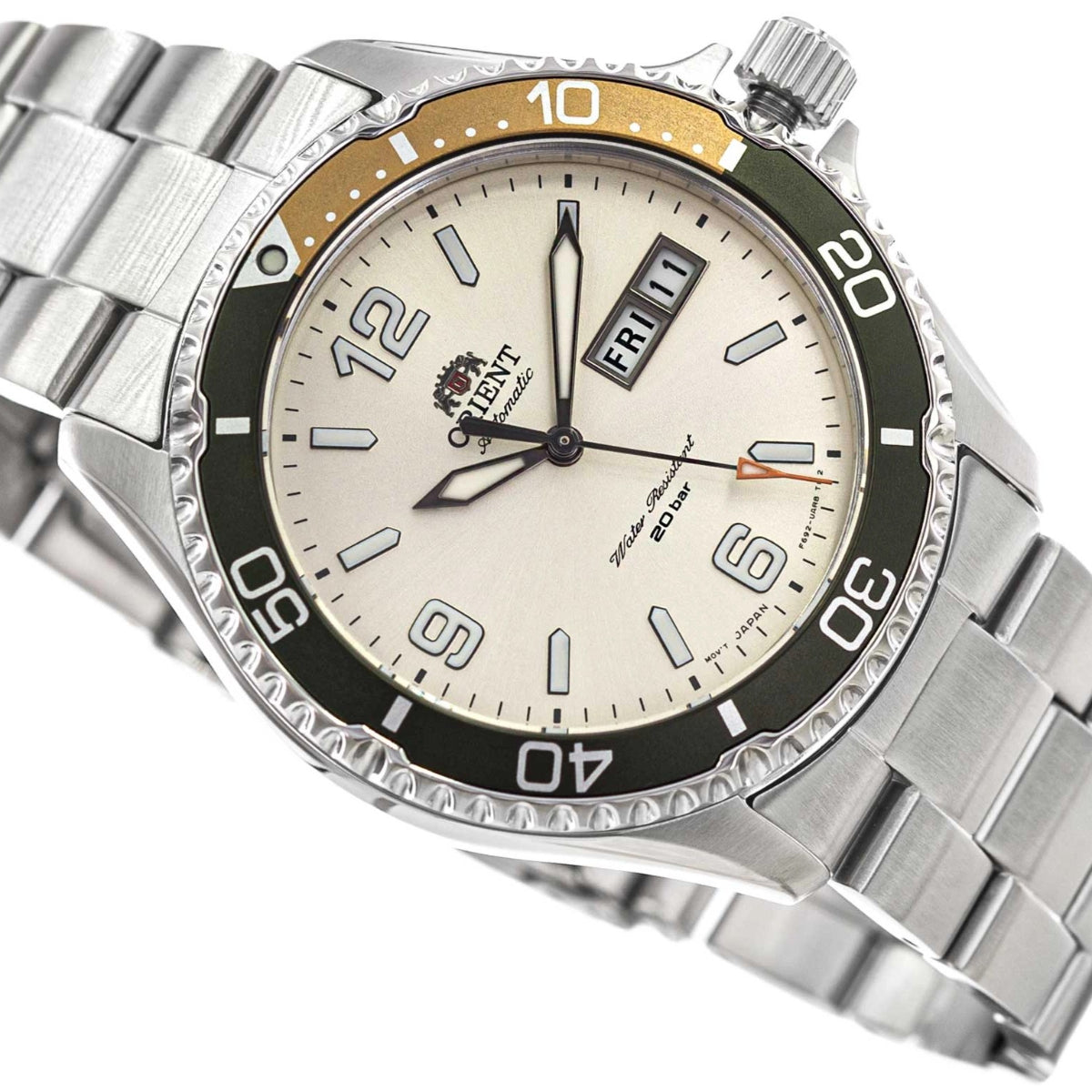 Men's automatic steel watch with ivory dial, black bezel, and day-date display
