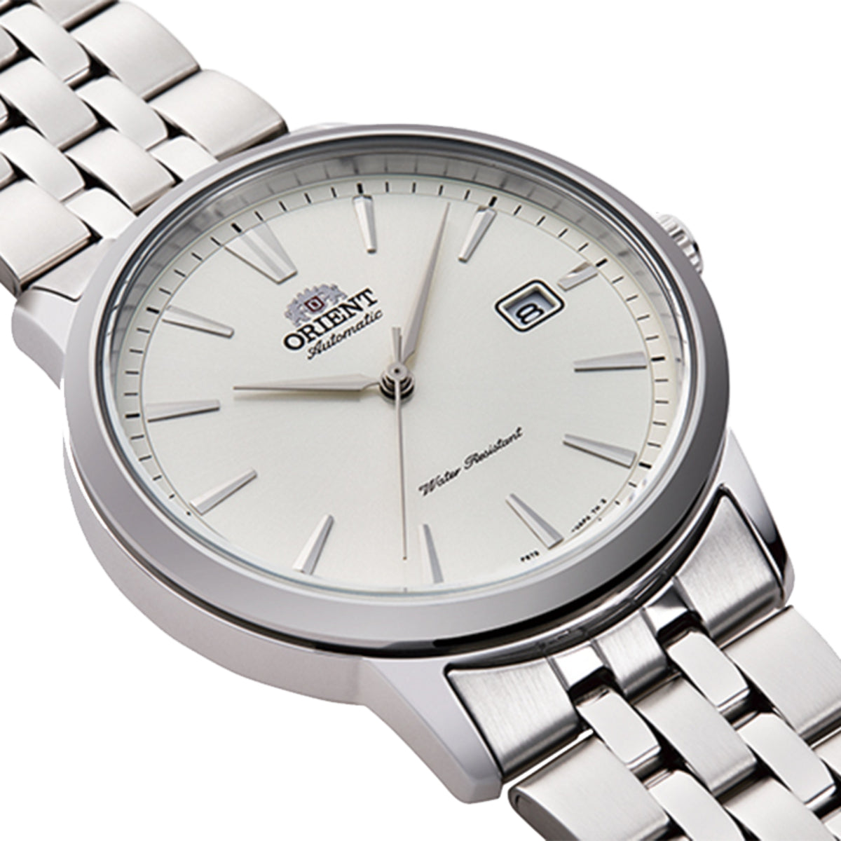 Angled close-up of Orient Contemporary automatic watch with a white dial and steel bracelet.