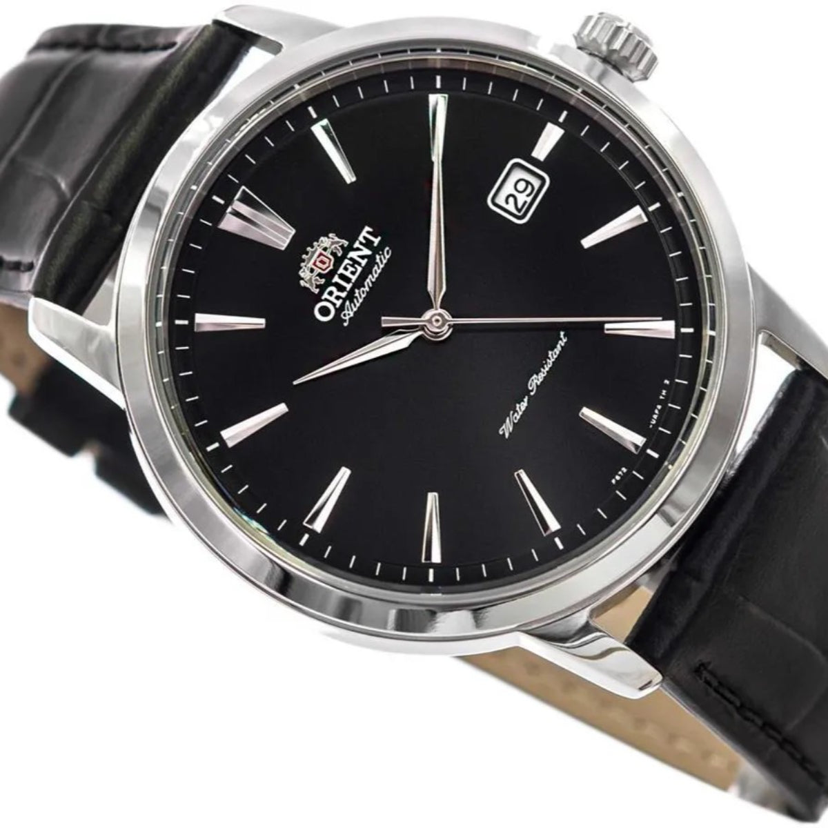 Orient Contemporary RA-AC0F05B30B watch with black face and leather strap on a white background