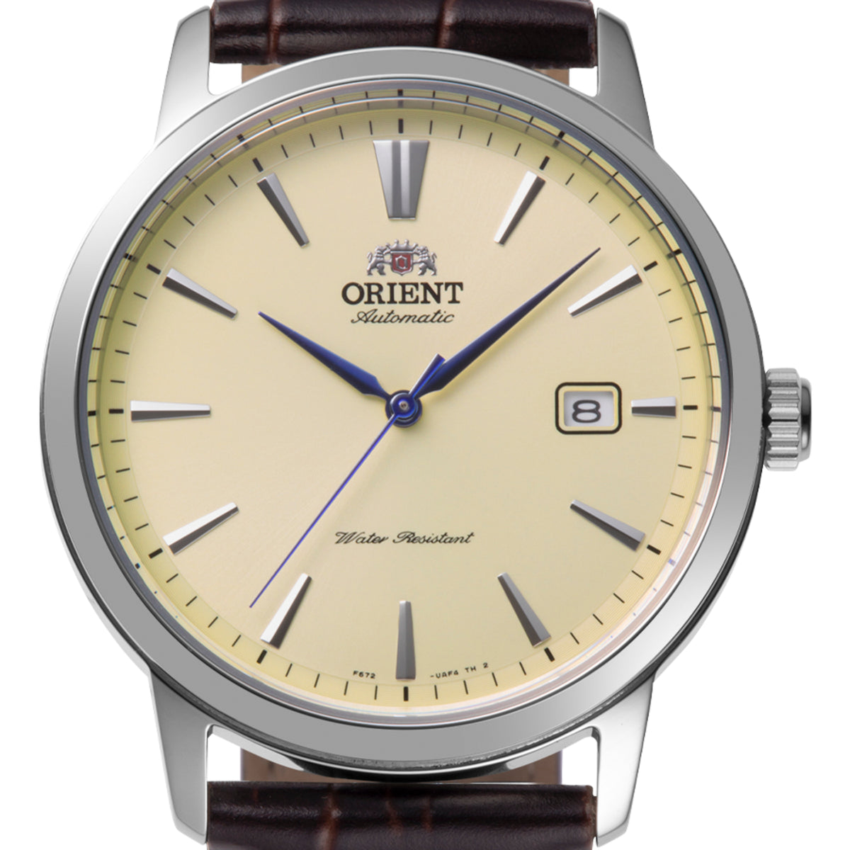 Orient Contemporary RA-AC0F16S30B 42mm ivory sunburst dial close-up