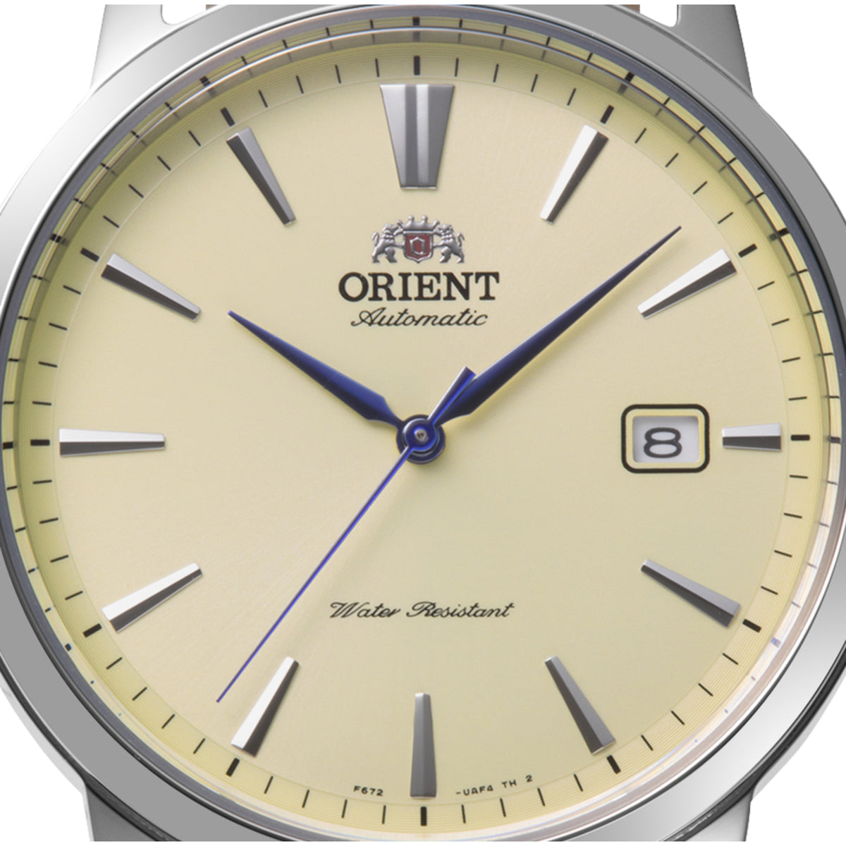 Orient RA-AC0F16S30B ivory sunburst dial with date display close-up