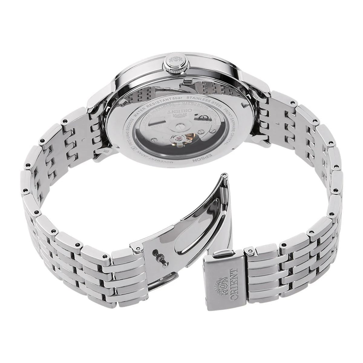 Stainless steel men's automatic watch with bracelet and visible caseback details