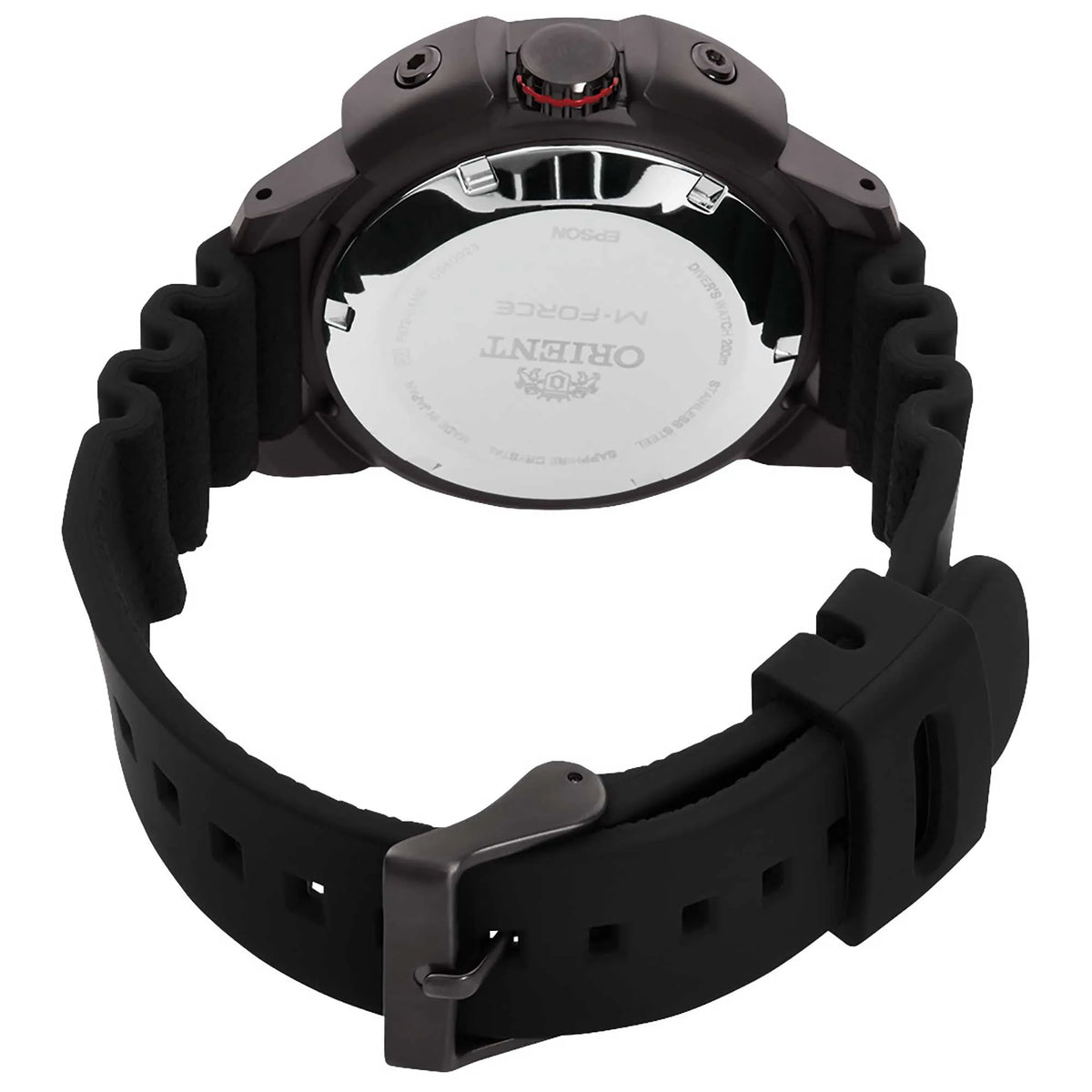 Orient M-Force watch back with black silicone strap and protective case profile