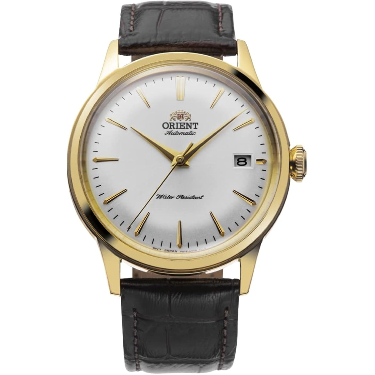 Orient Bambino RA-AC0M01S30B wristwatch with white date dial, brown leather strap, and gold-tone stainless steel case on a white background