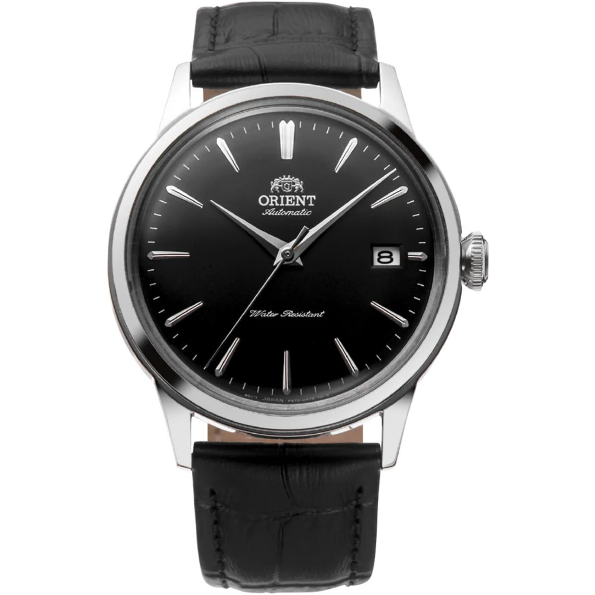 Orient Bambino 38mm Black Dial Leather Strap automatic watch RA-AC0M02B30B front view