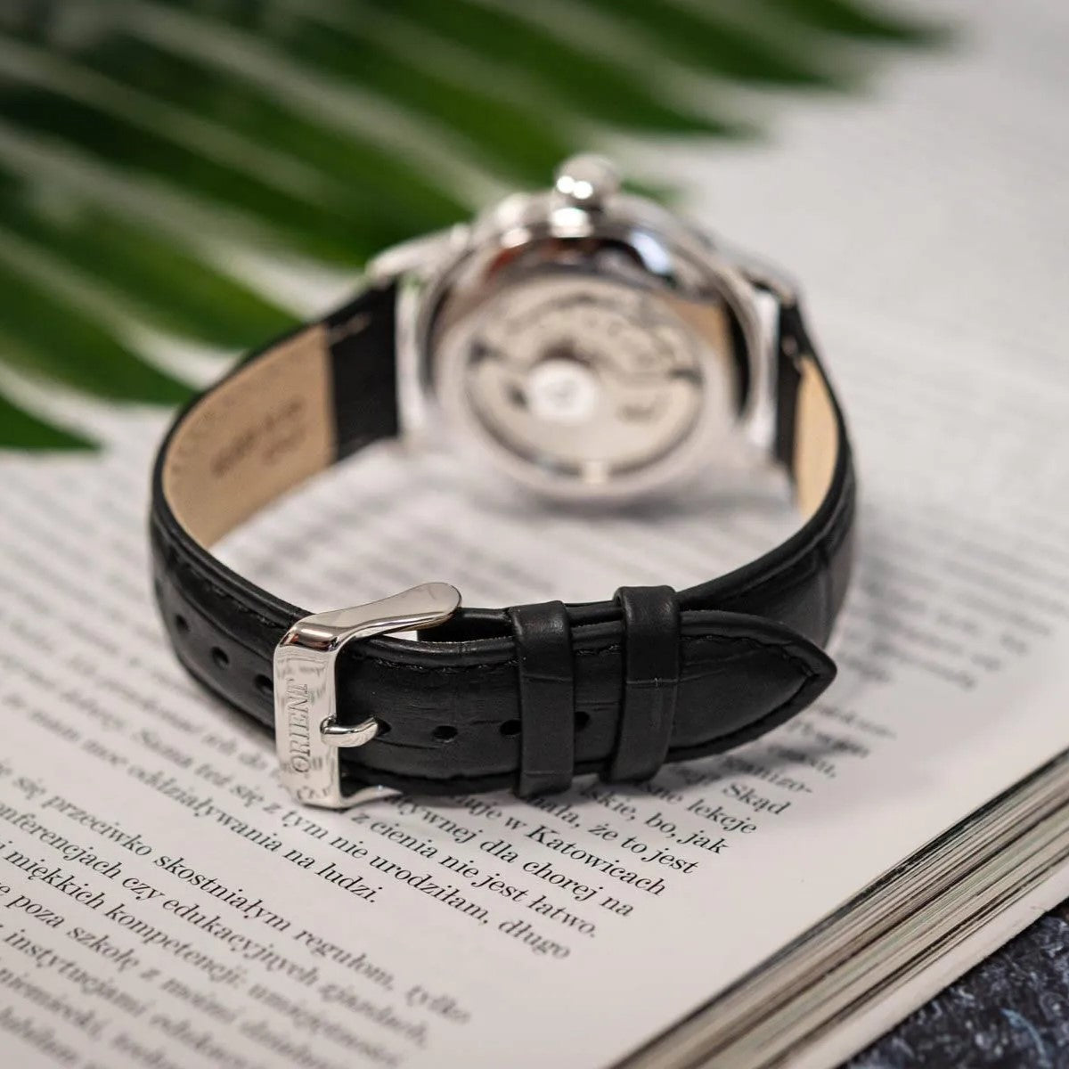 Orient Bambino RA-AC0M03S30B watch with black leather strap and silver-toned case back