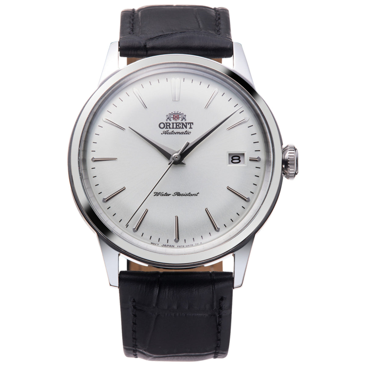 Men's automatic watch with white dial, black leather strap, and round silver case