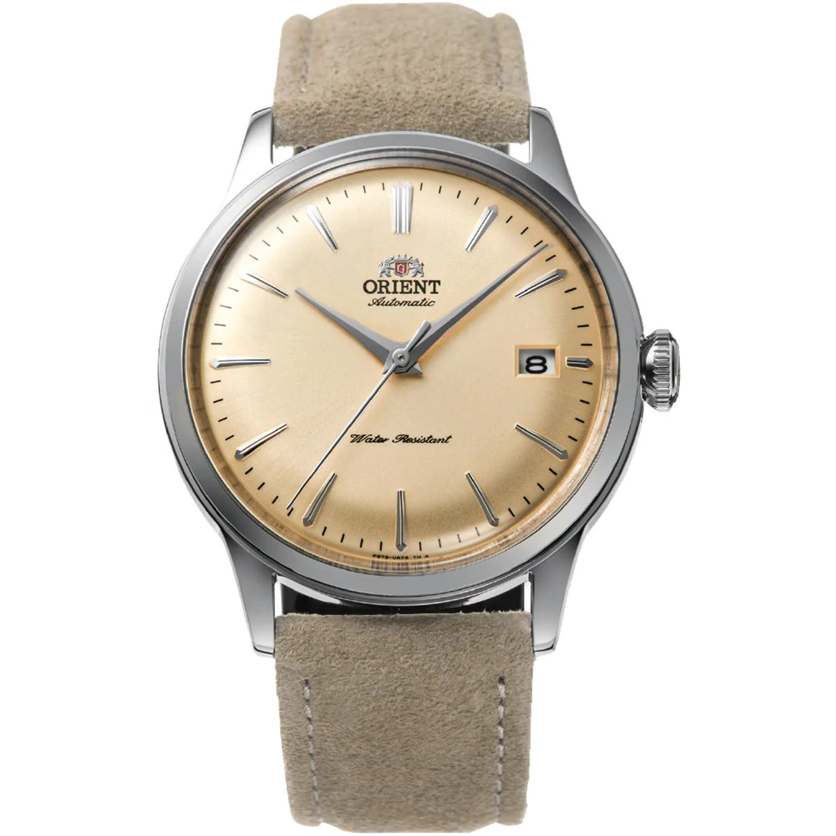 Men's automatic watch with champagne dial, three hands and brown suede leather strap