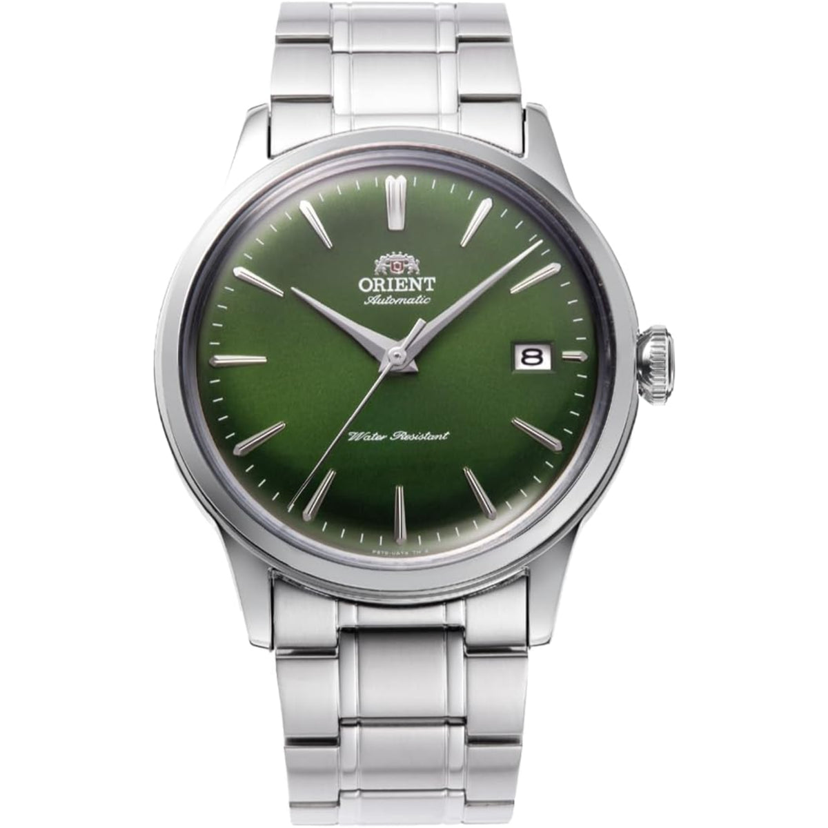 Front view of Orient Bambino classic vintage-style unisex dress watch RA-AC0M09E30B with green dial, date window, and stainless steel bracelet