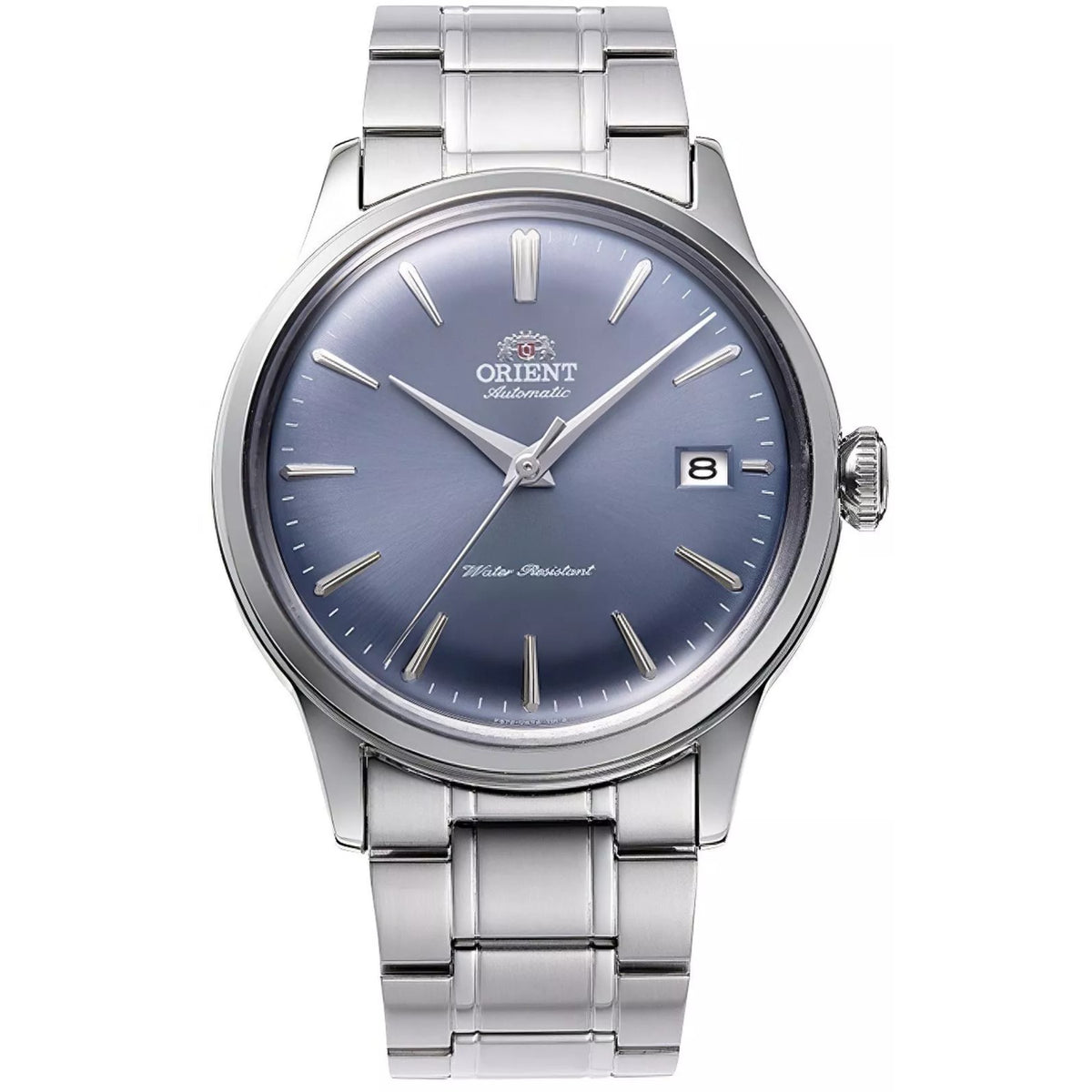 Orient Bambino 38mm Light Blue Dial Stainless Steel Bracelet automatic watch RA-AC0M10L30B front view