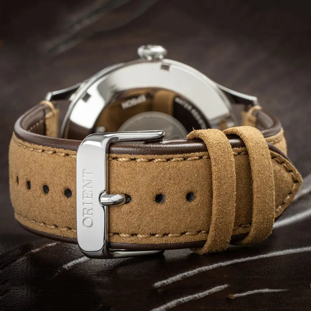 Orient Bambino RA-AC0P01E30B brown leather strap with stainless steel pin buckle closure