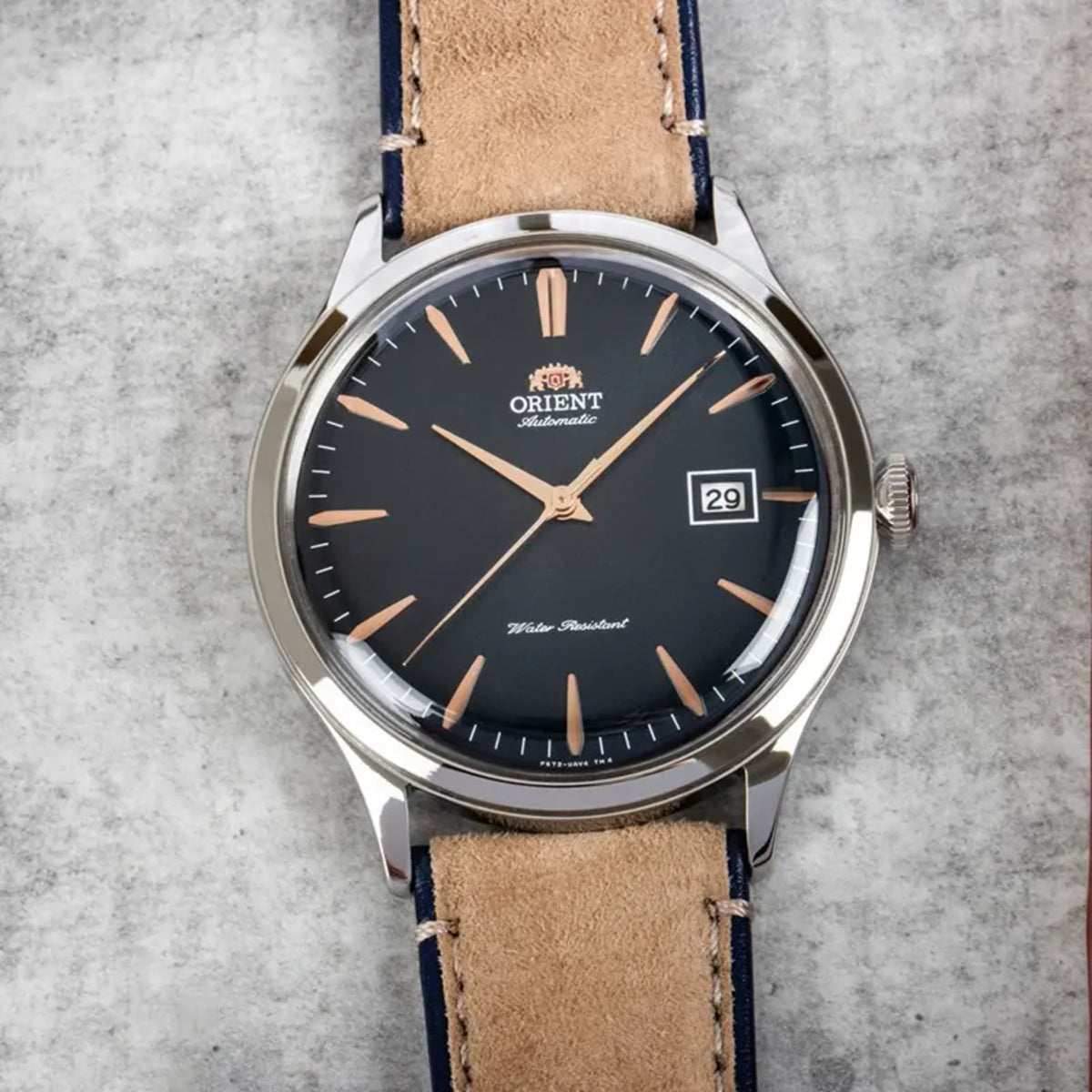 Orient Bambino RA-AC0P02L30B automatic watch with navy dial and date window
