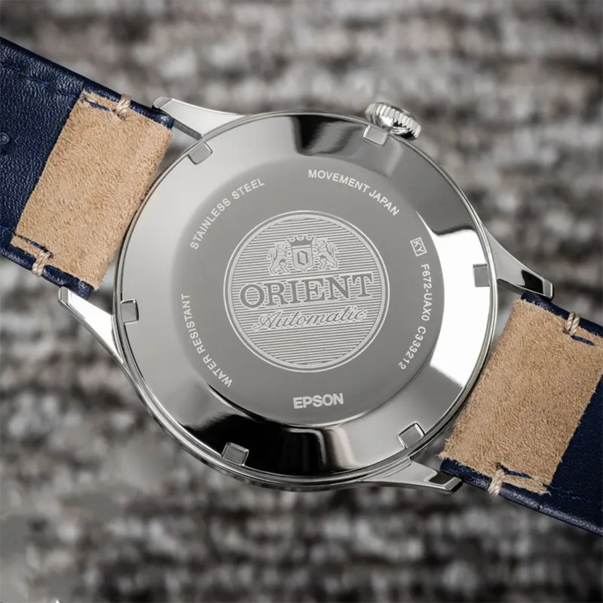 Orient RA-AC0P02L30B Bambino automatic movement caseback with stainless steel engraving