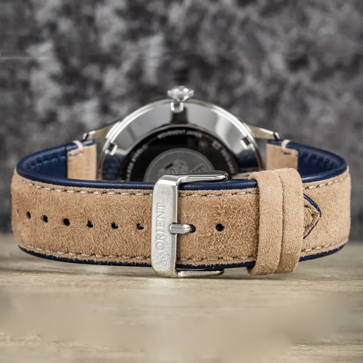 Orient Bambino RA-AC0P02L30B brown suede leather strap with and stainless steel buckle