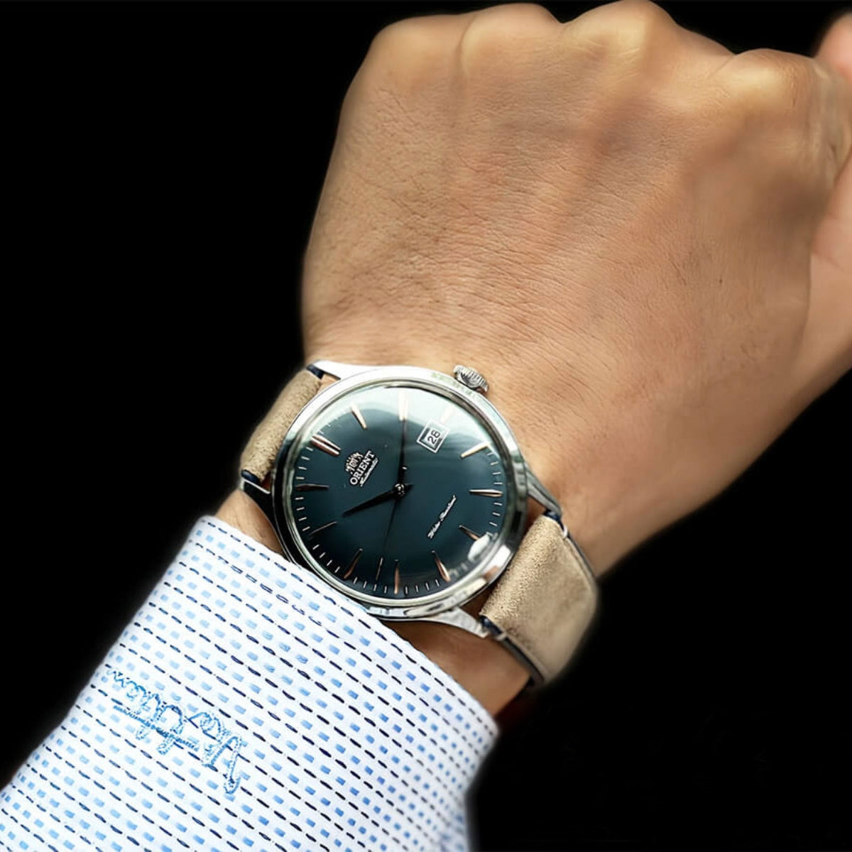 Orient Bambino RA-AC0P02L30B automatic dress watch worn on wrist