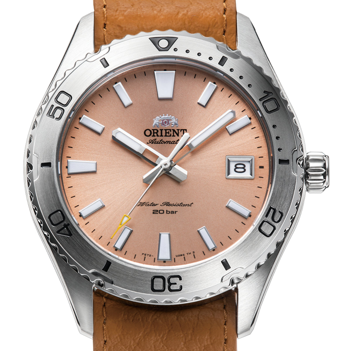 Orient Mako RA-AC0Q05P30B 40mm apricot dial with date display close-up