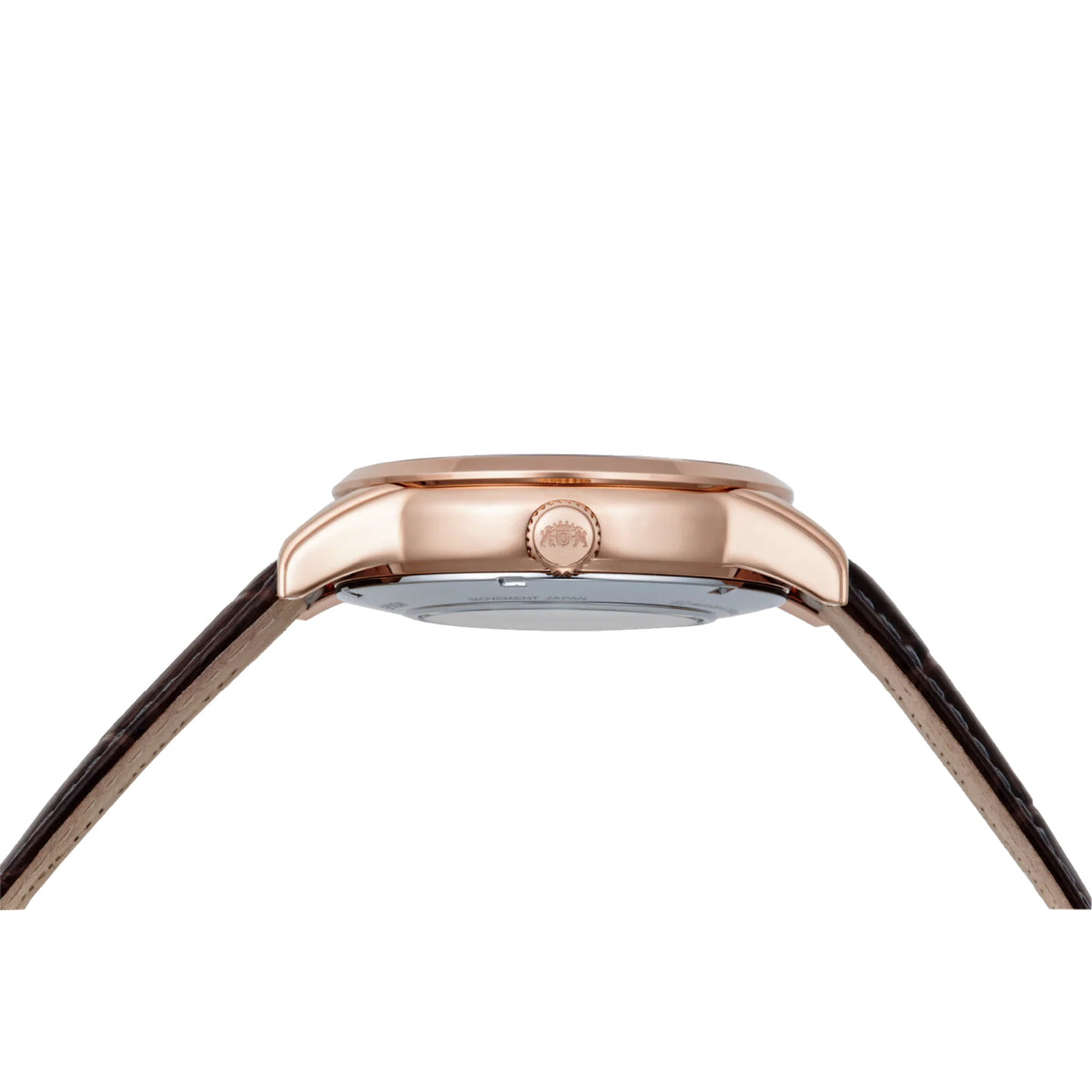 Orient Bambino RA-AK0009T30B automatic wristwatch top view with rose-gold case and crown over brown leather strap