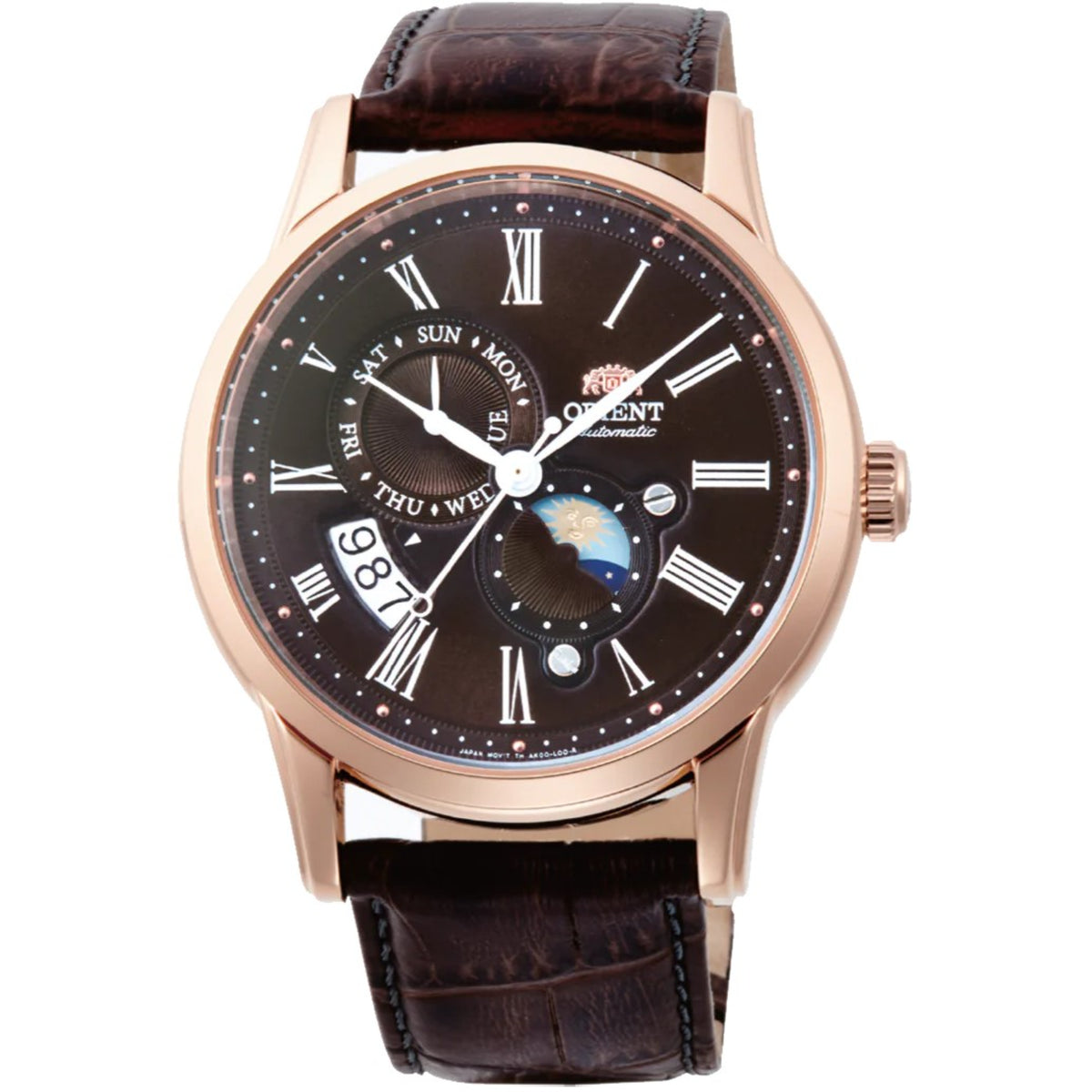 Orient Bambino RA-AK0009T30B mens automatic wristwatch with brown leather strap, rose-gold case, dark dial moon phase subdials