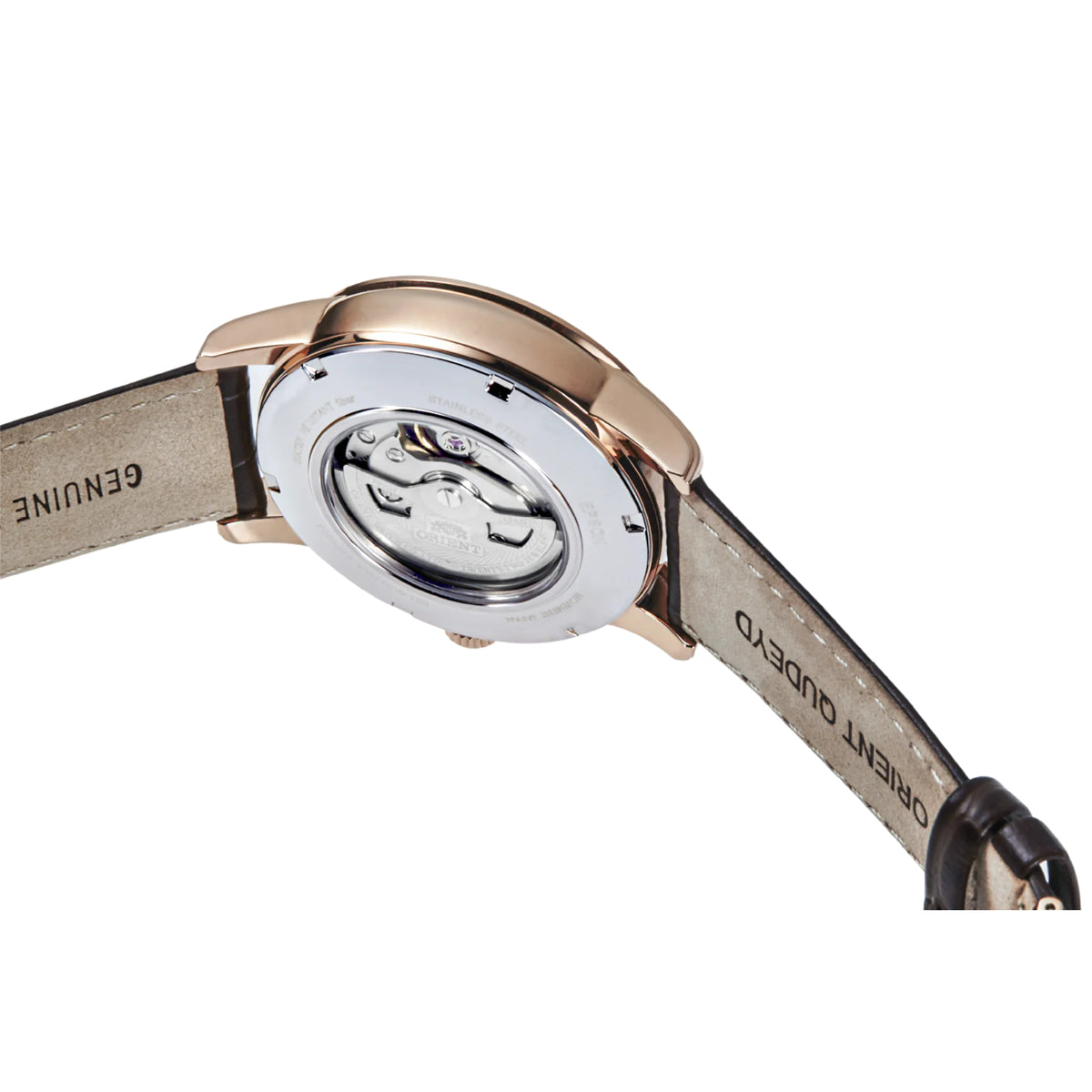 Orient Bambino RA-AK0009T30B wristwatch caseback view with silver-toned back and brown leather strap