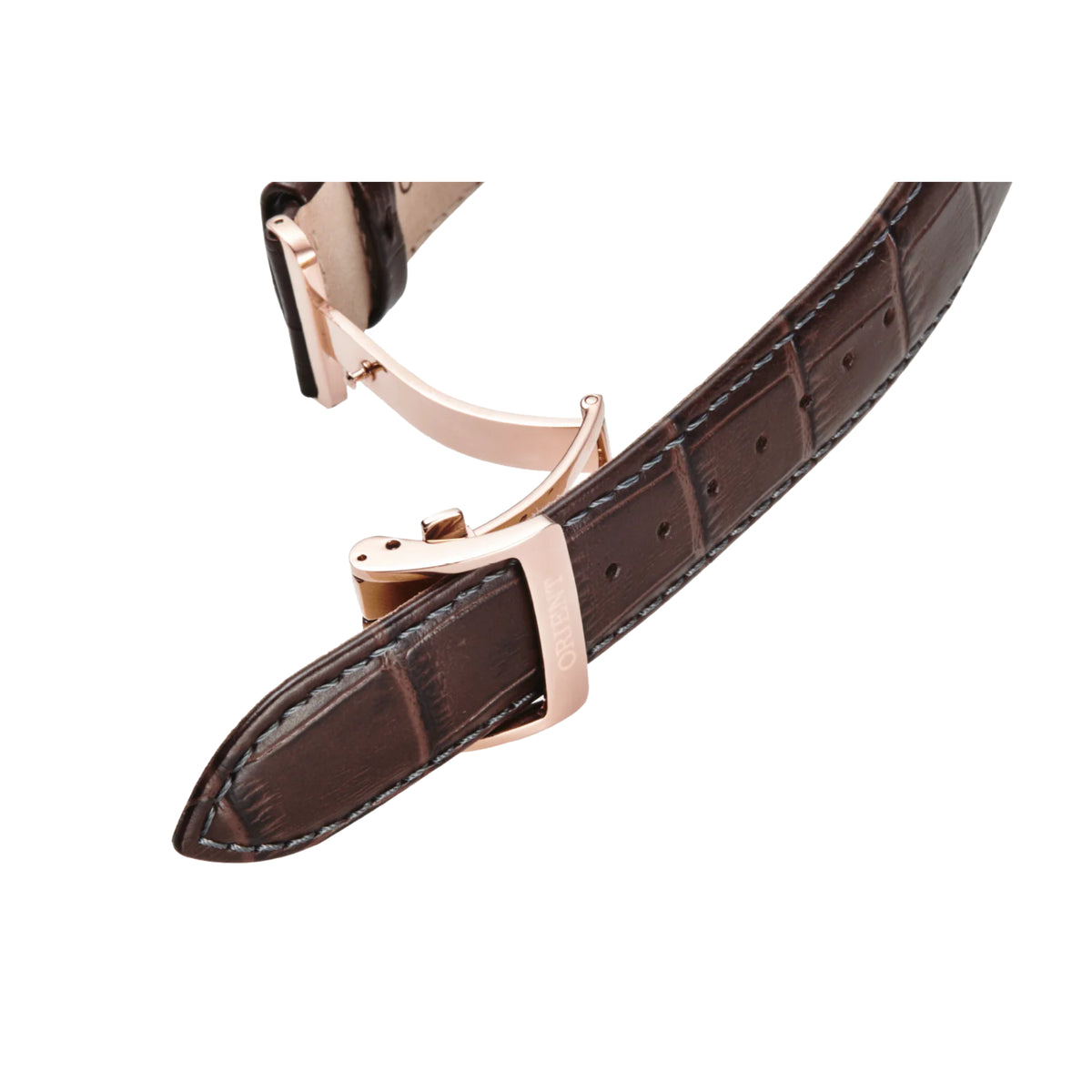 Orient Bambino RA-AK0009T30B automatic wristwatch with brown leather strap and rose-gold buckle with clasp