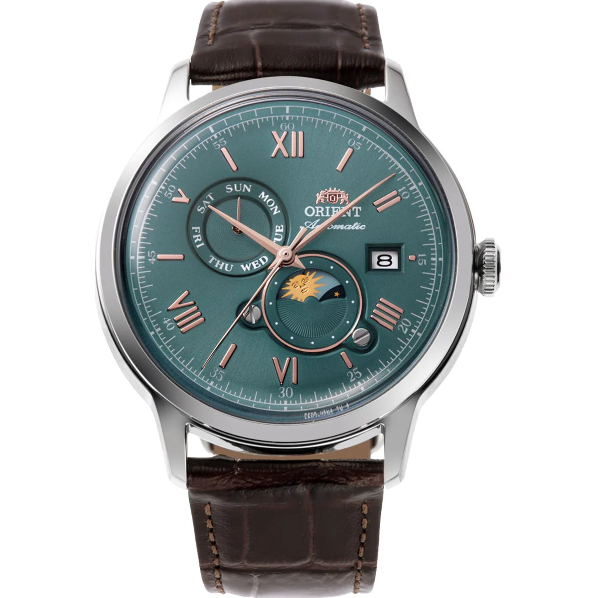 Orient Bambino Sun & Moon RA-AK0805E30B wristwatch with green dial and brown leather strap on a white background