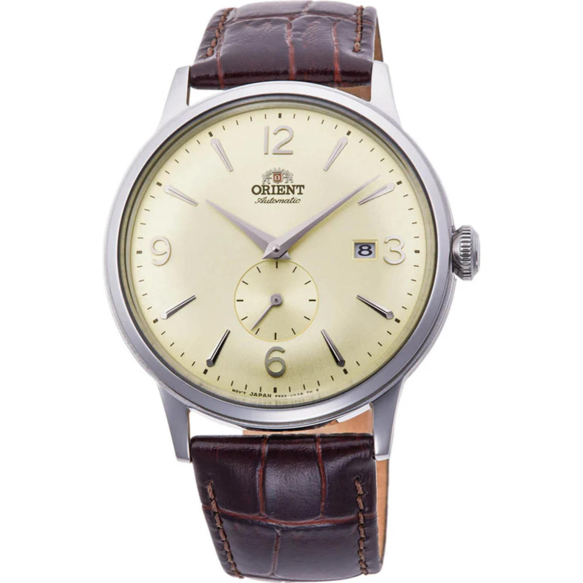 Front view of Orient Bambino Classic Vintage Style Small Seconds mechanical mens dress watch RA-AP0003S30B
