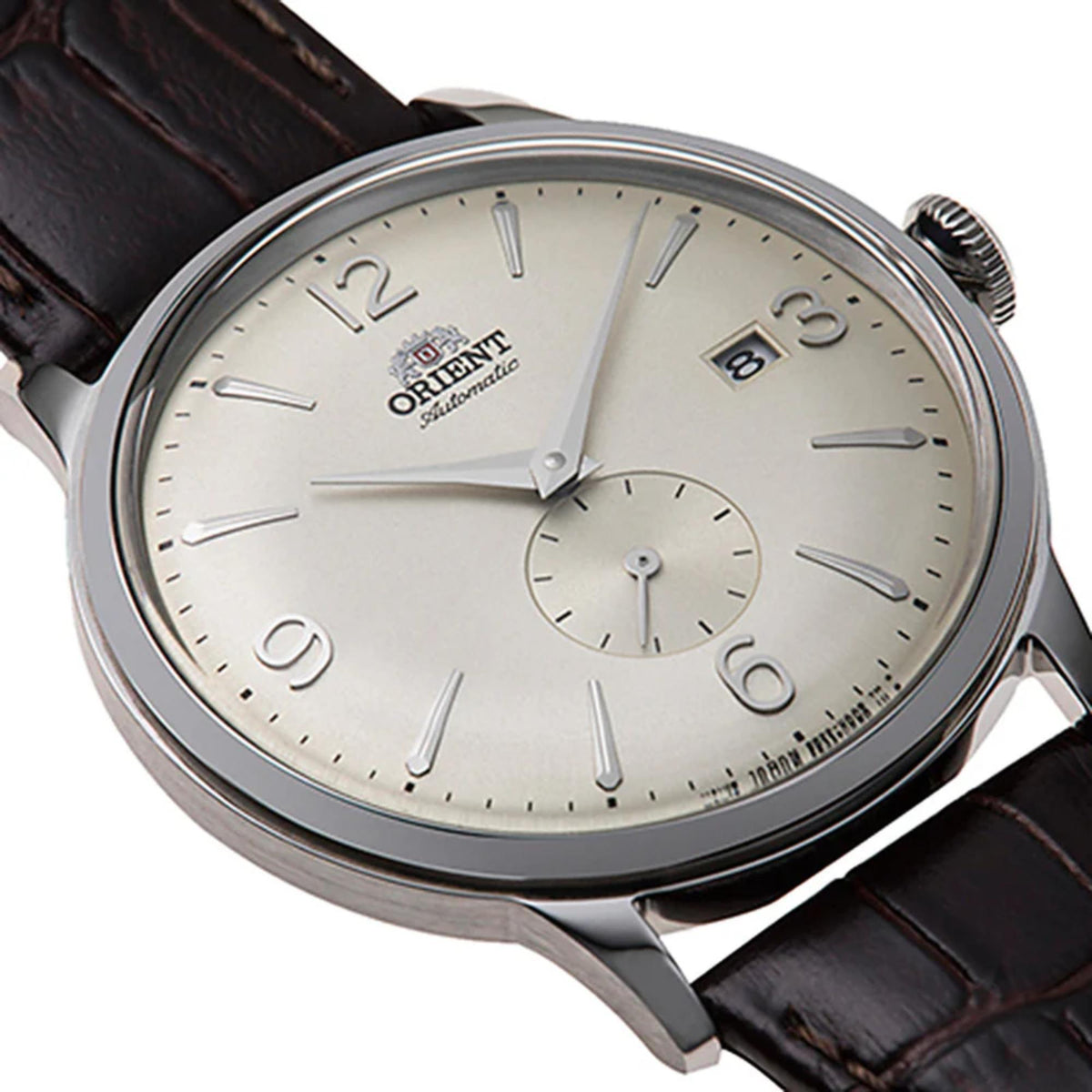 Orient Bambino AP0003S30B Ivory dial wrist watch with brown leather strap and silver-tone case