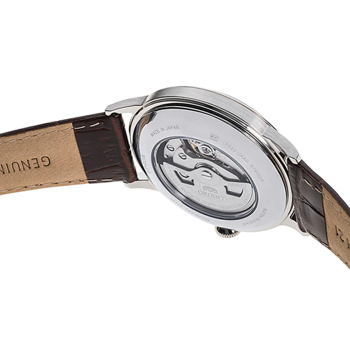 Orient Bambino wrist watch AP0003S30B case back view with engraved movement and brown leather strap