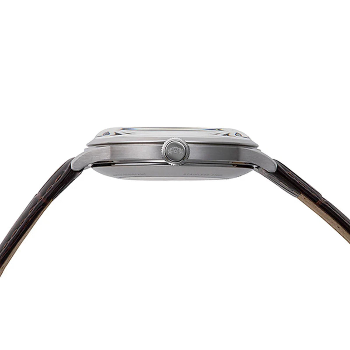 Orient Bambino AP0003S30B Silver-tone wrist watch case side with crown and brown leather strap