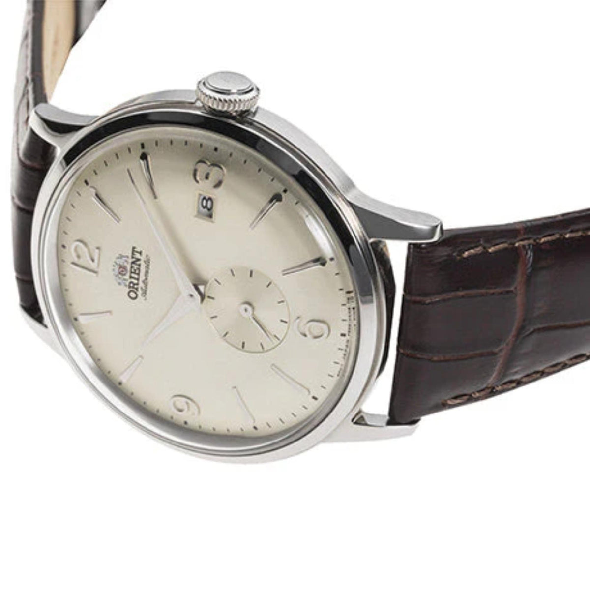Orient Bambino Ivory dial wrist watch AP0003S30B with subdial and brown leather strap