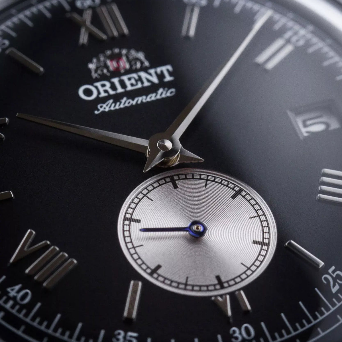 Orient Bambino Version 2 automatic watch AP0101B30B dial close-up with baton markers and sub-seconds dial