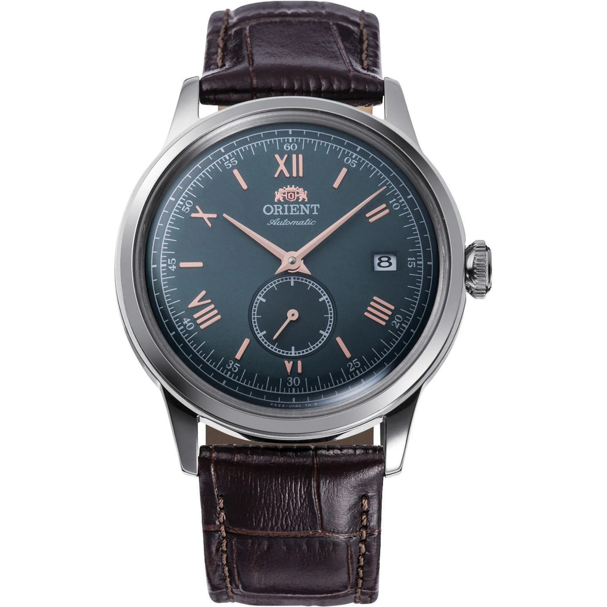 Front view of the Orient Bambino 38mm green dial leather mens automatic watch RA-AP0102E30B