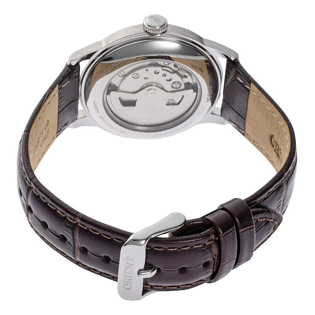 Orient Bambino mens automatic watch RA-AP0102E30B showcasing the loop of the brown leather strap and the silver buckle engraved with the brand logo