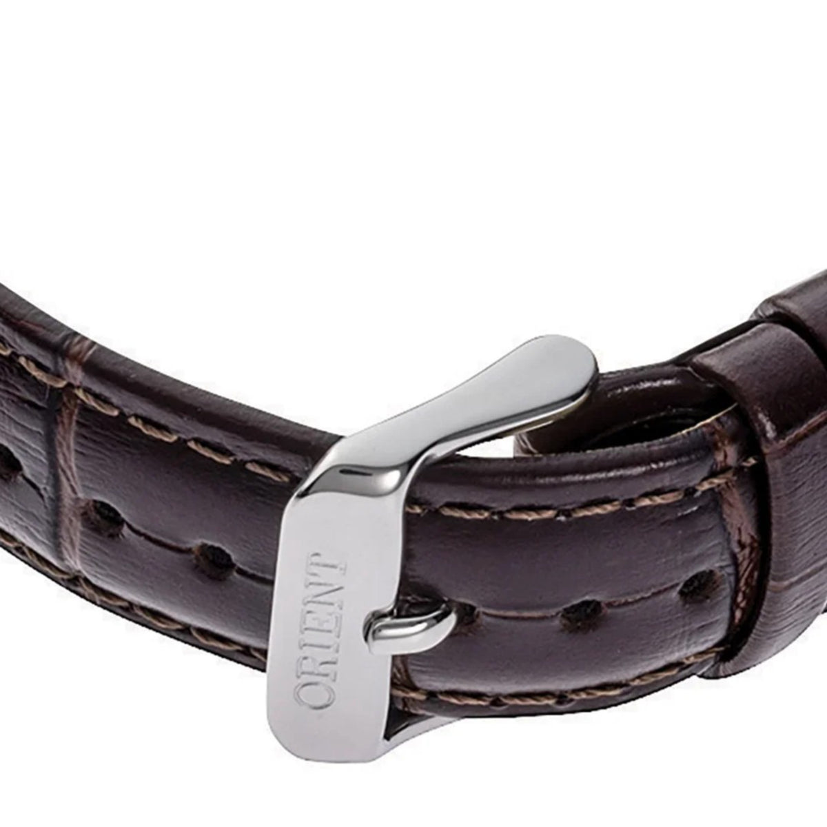 Close-up Orient Bambino watch focusing on the polished stainless steel buckle fastened to the brown leather strap