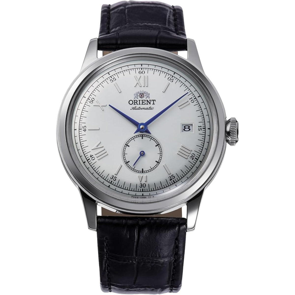 Front view of Orient Bambino 38mm Small Seconds RA-AP0104S30B mens automatic watch featuring a white dial, blue hands, date window, and black leather strap
