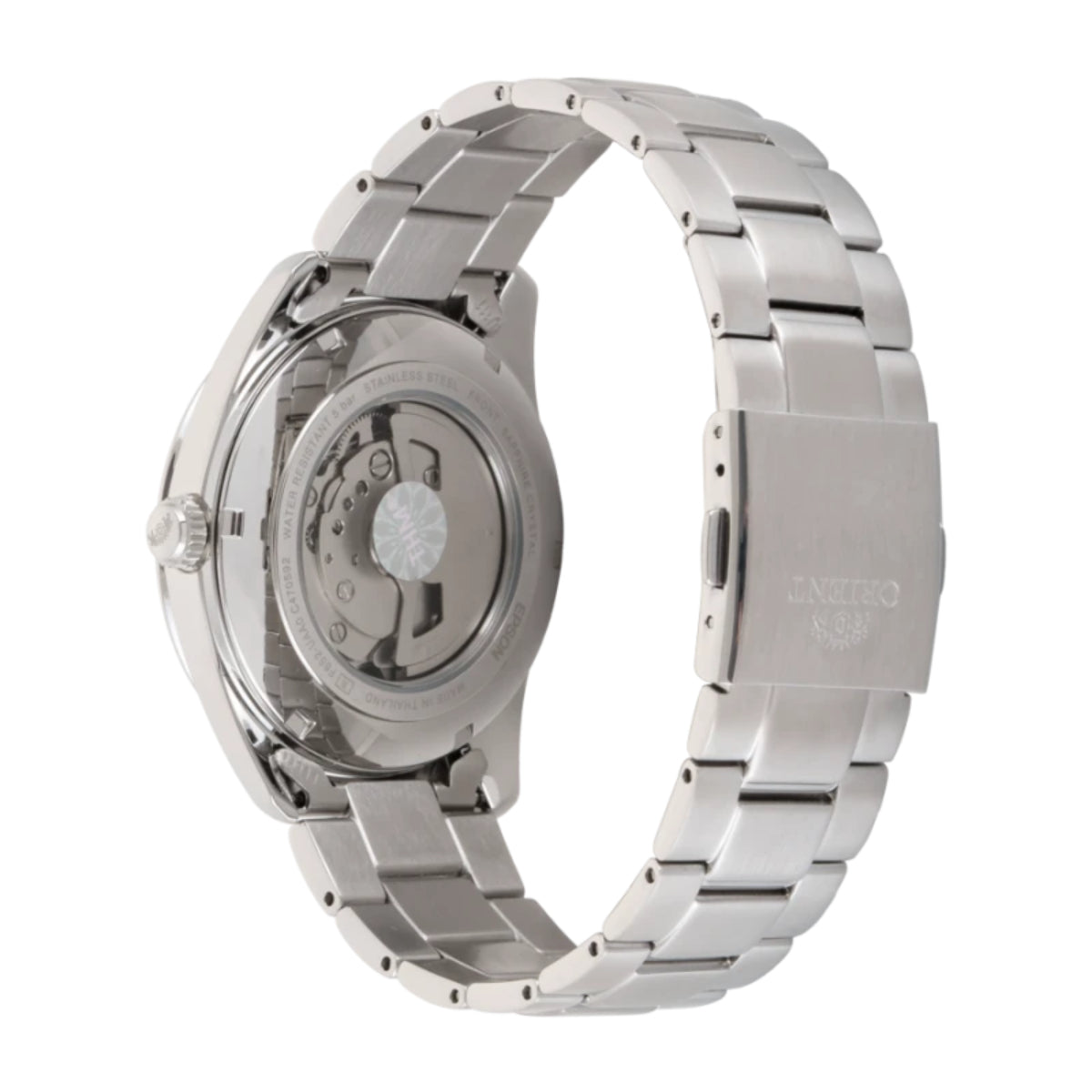 Men’s steel automatic watch back view with bracelet and clasp