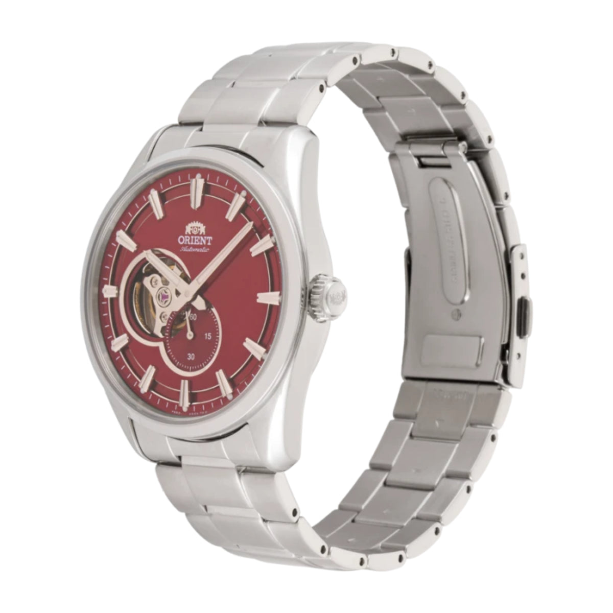 Men's automatic open-heart steel wristwatch with red dial and link bracelet