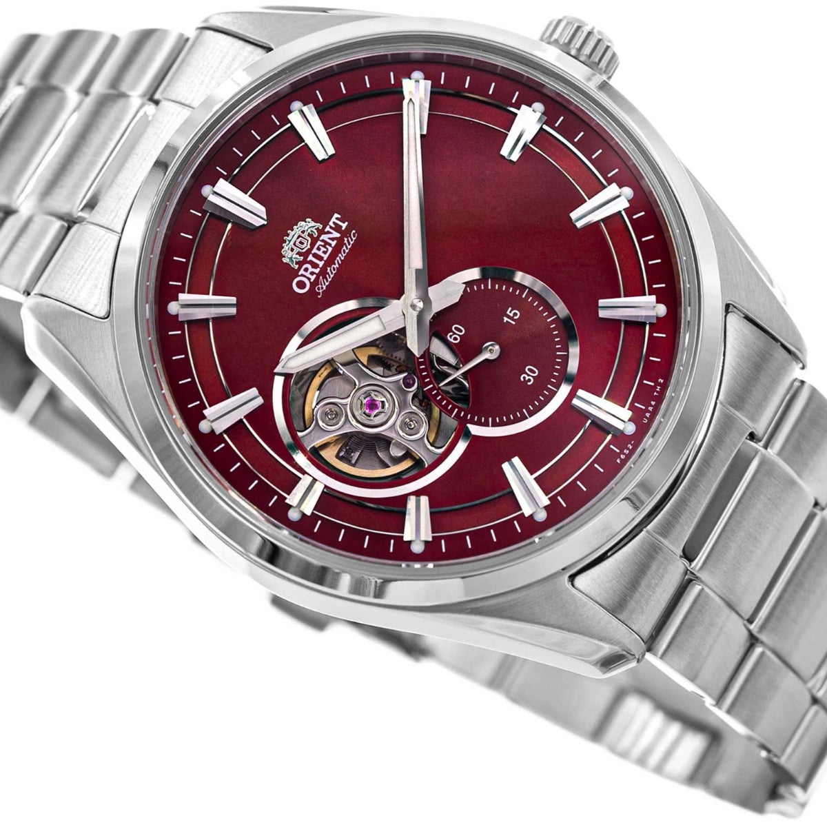 Men's automatic open-heart steel wristwatch with red dial and visible inner mechanism