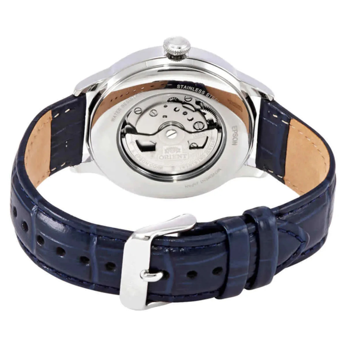 Men's automatic wristwatch with blue leather strap and silver case back
