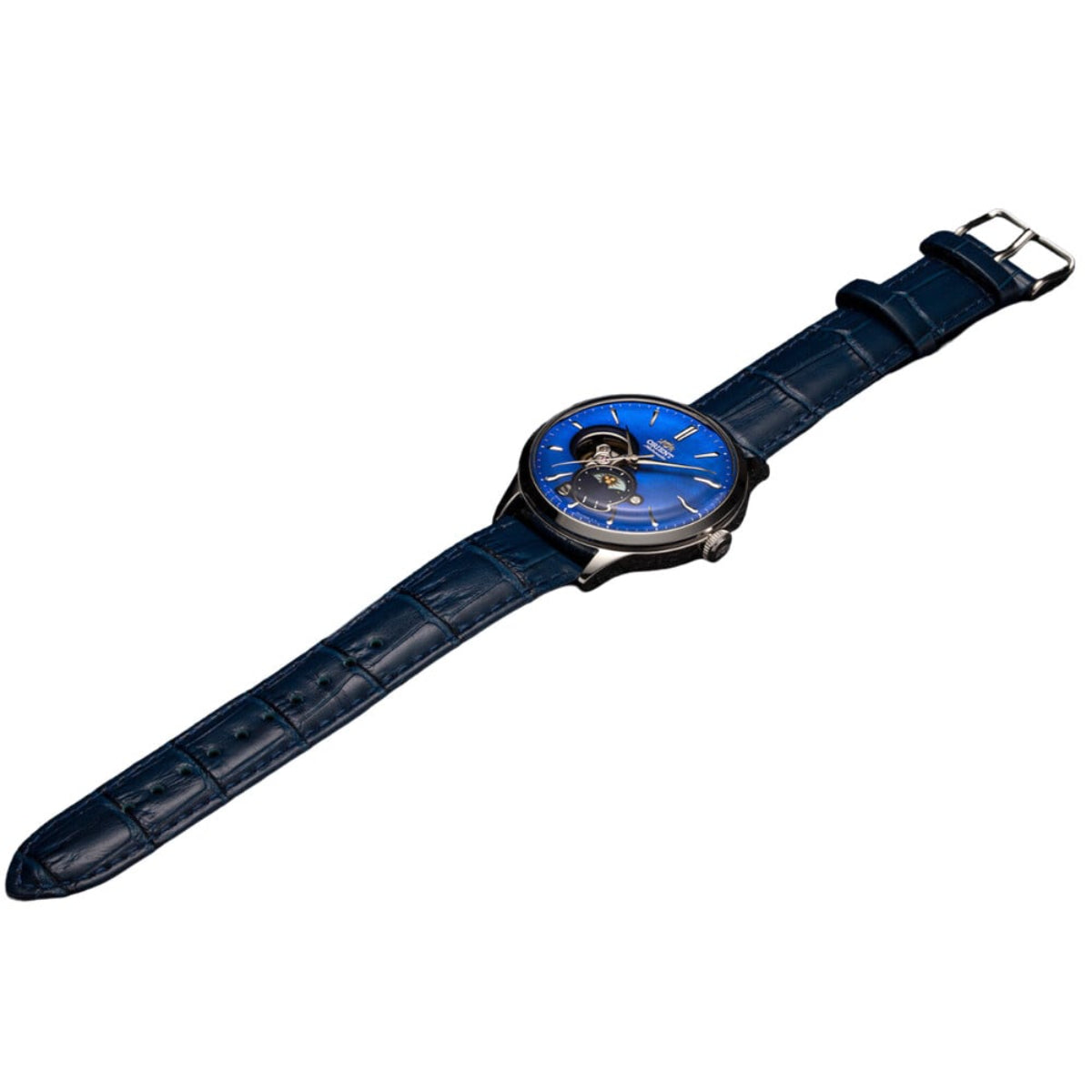 Men's automatic wristwatch with blue leather strap and blue dial, silver case