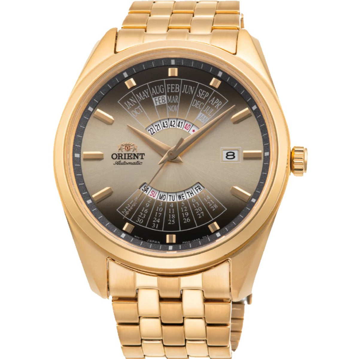Orient Multi-Year Calendar automatic watch RA-BA0001G30B with gold-tone stainless steel bracelet and gradient dial, date display