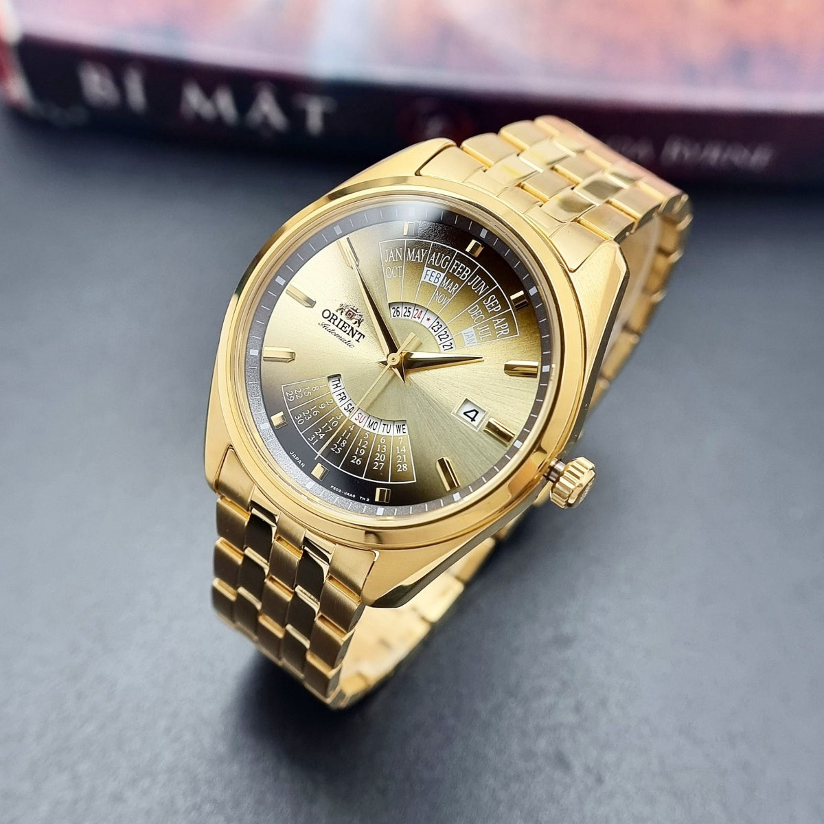 Men's Orient Multi-Year Calendar RA-BA0001G30B automatic watch, gold-tone steel case, gradient dial, and calendar