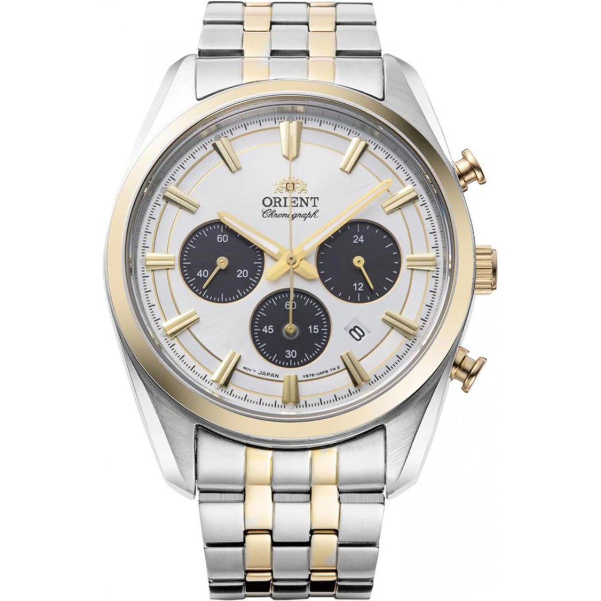Orient Stretto RA-TX0302S30B white dial chronograph watch front studio view