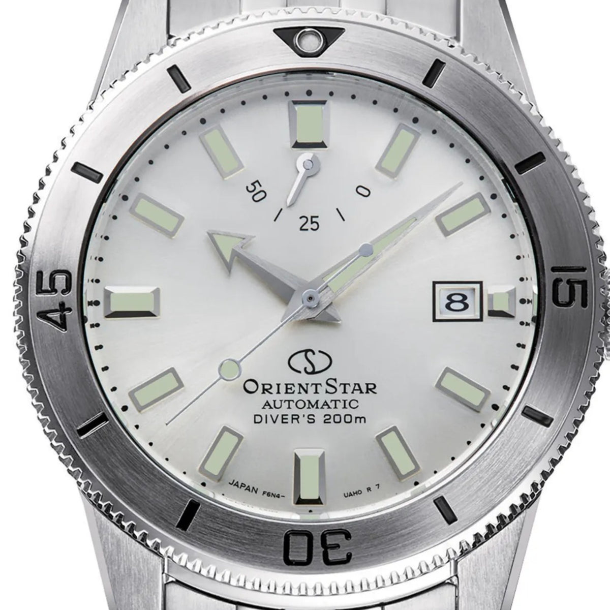 Silver dial automatic diver watch with luminous markers, date window, steel bezel and crown
