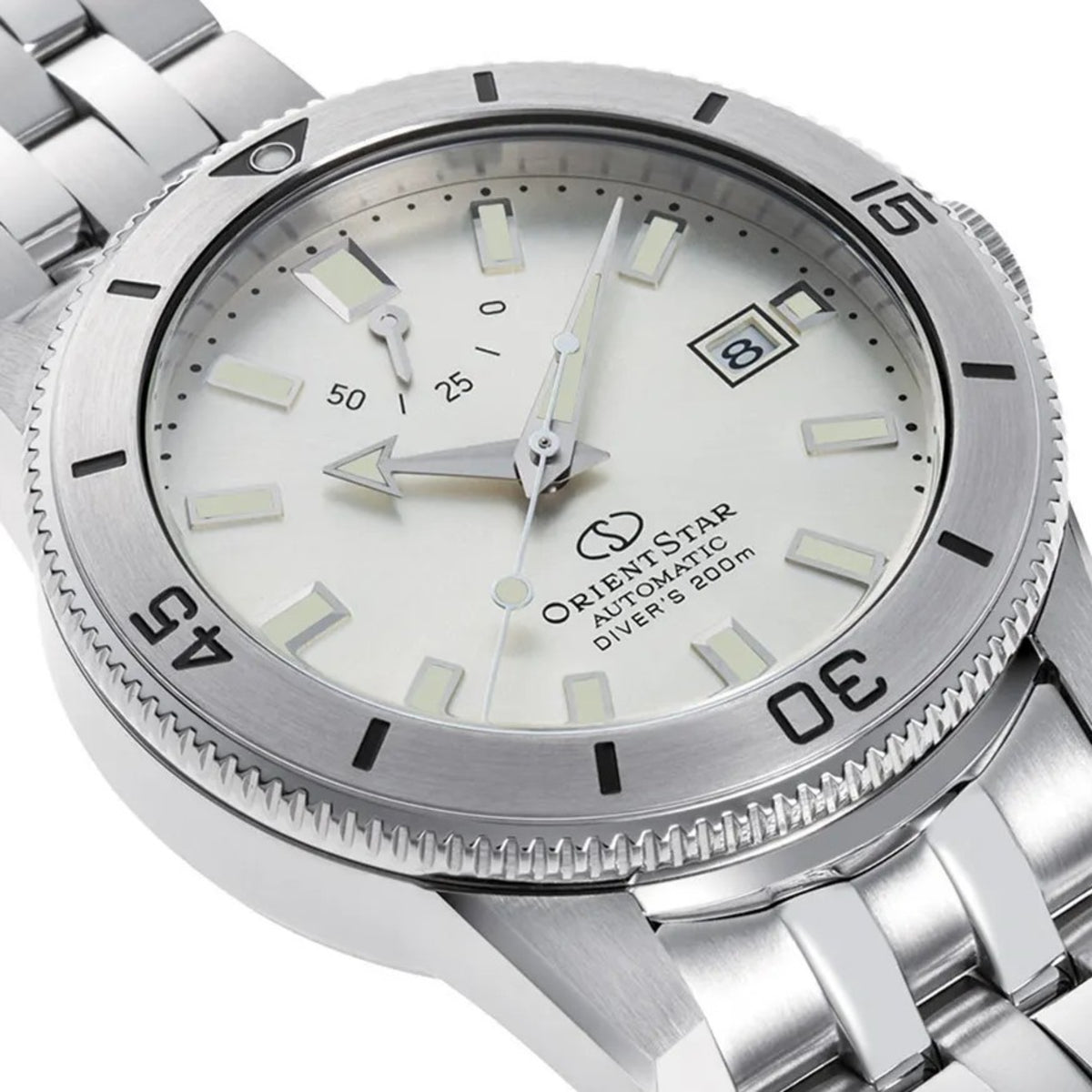 Silver dial automatic diver watch with luminous hour markers, steel bezel and crown