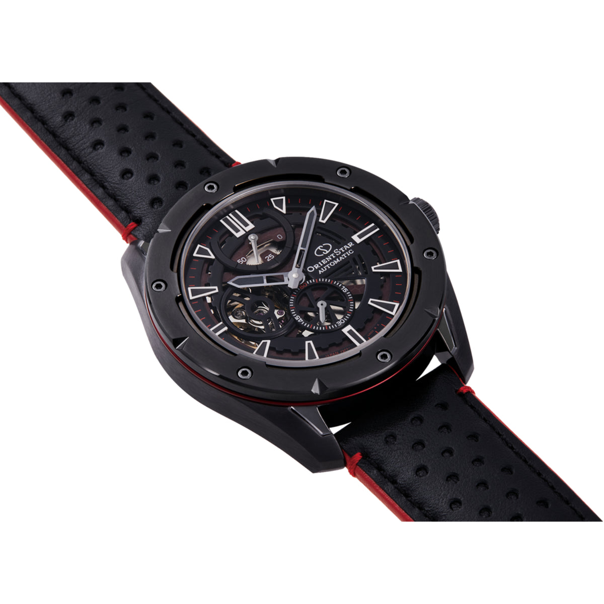Side view of Orient Star RE-AV0A03B00B Avant-Garde skeleton watch showing case thickness and black leather strap