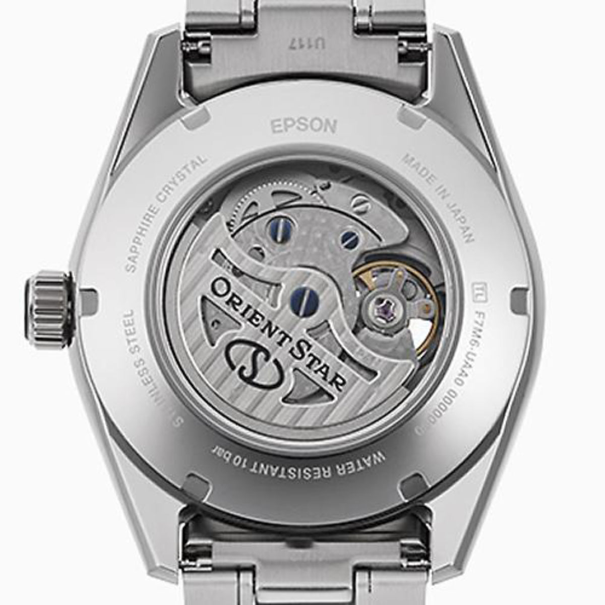 Stainless steel caseback showing exposed automatic movement and Orient Star logo