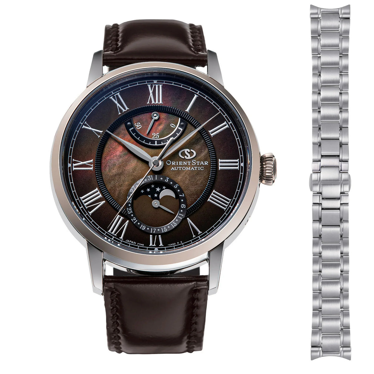 Men's automatic moon phase watch with brown dial and brown leather strap