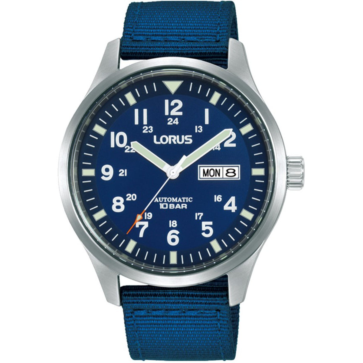 Men's automatic watch with dark blue dial and MON date window, blue fabric strap