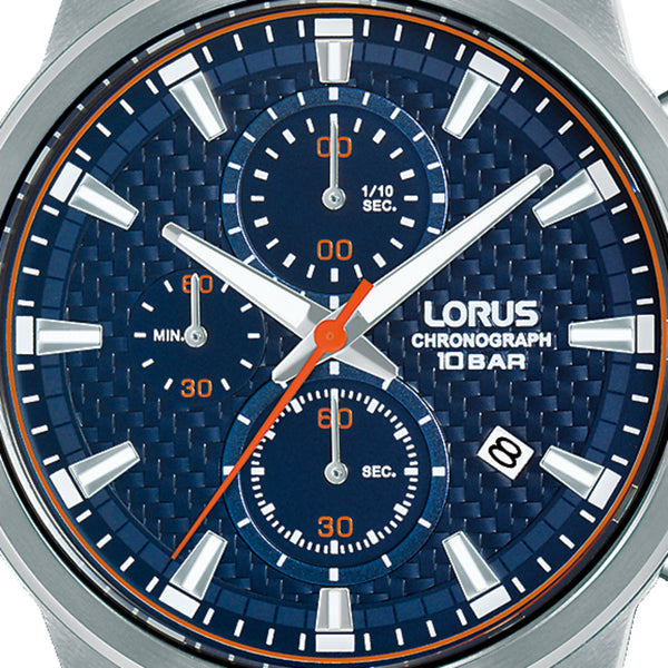 Lorus men's chronograph watch with blue textured dial, orange hands, subdials